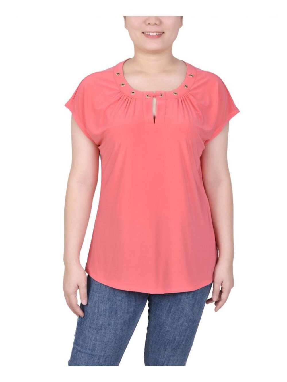 NY Collection Womens Short Extended-Sleeve Grommet Neck Knit Top Red Size PL NWT